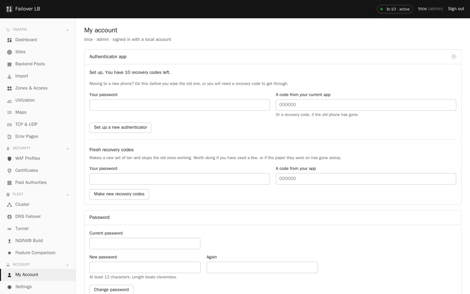 My account. Your password, your authenticator, your recovery codes and your sessions.