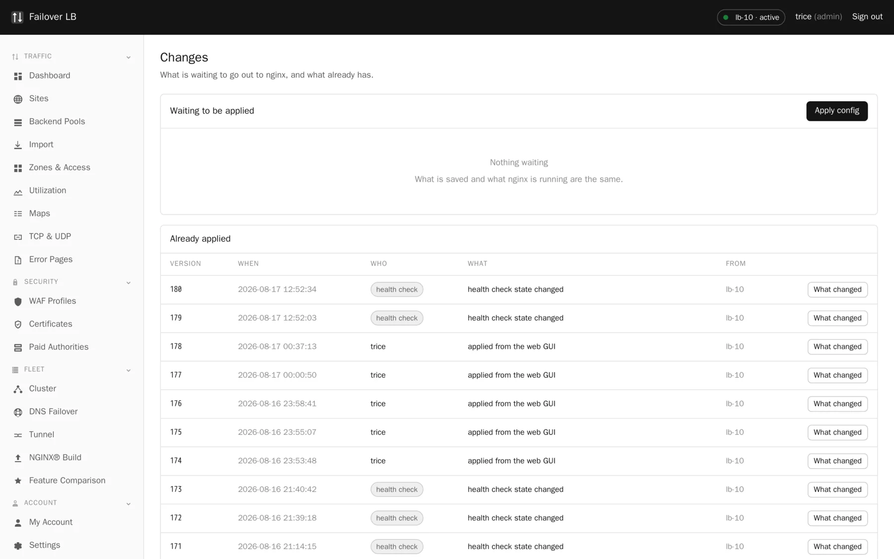 The Changes page. What is saved, what it will become, and the history of every version.