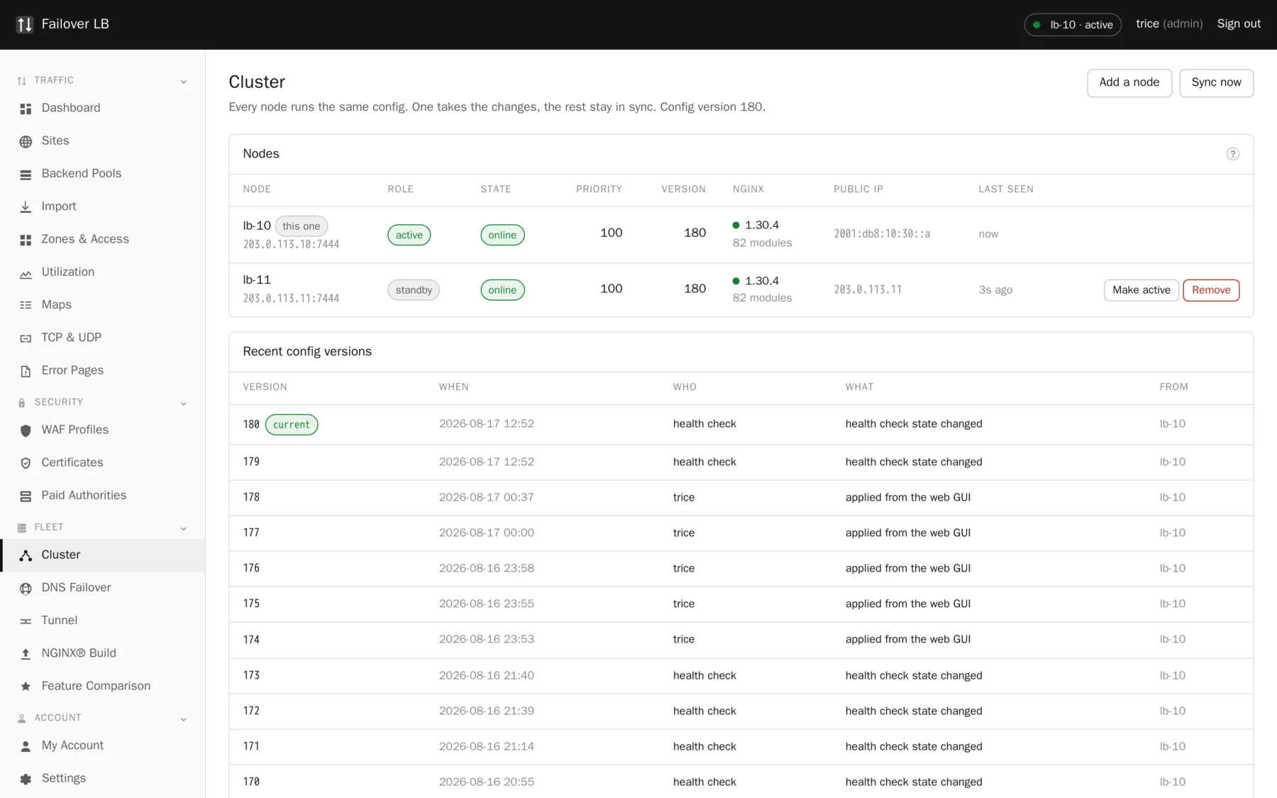 The Cluster page. Both nodes, their role, their config version and their nginx build.