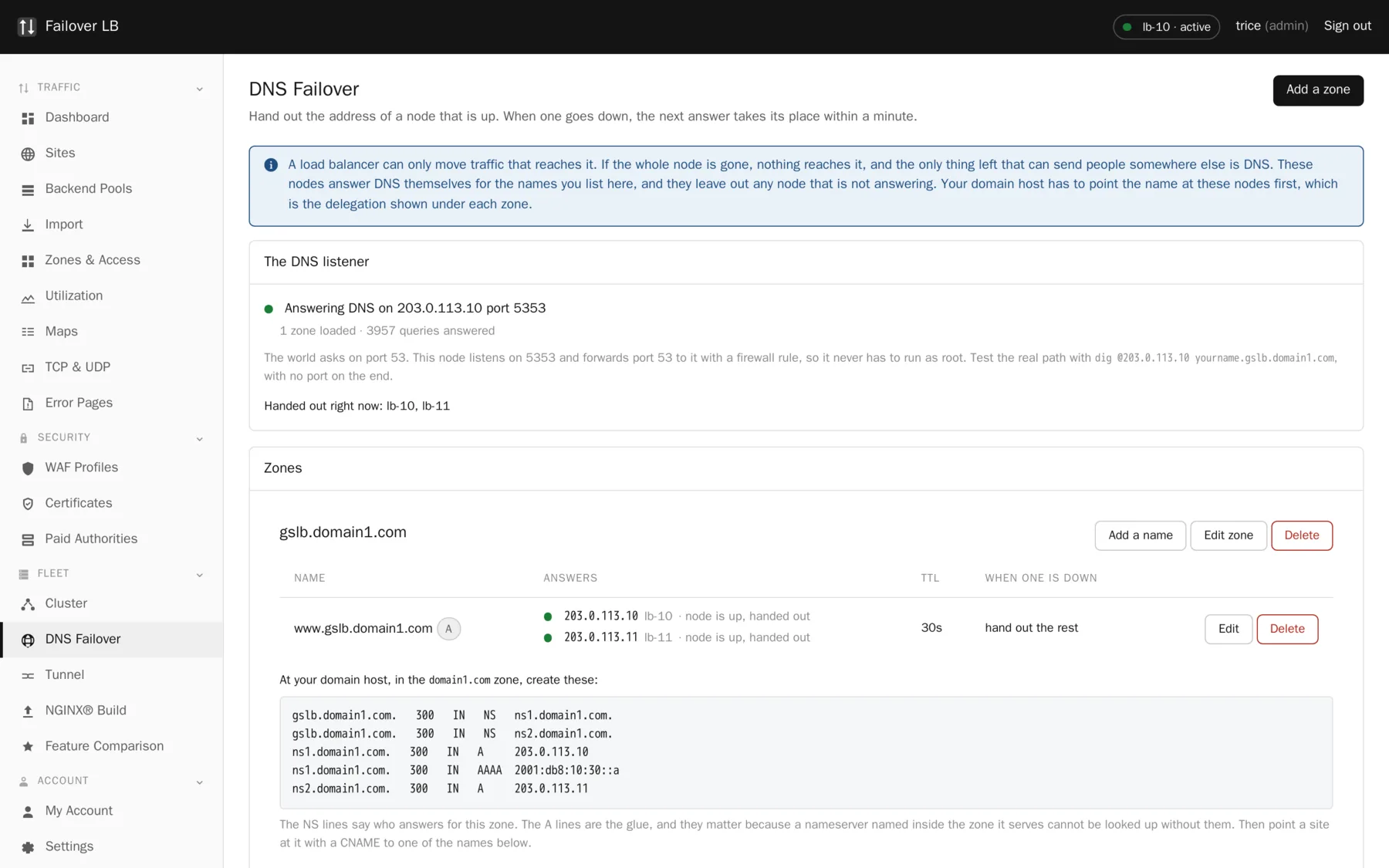DNS failover. Zones, names, answers, and the exact records to create at your domain host.