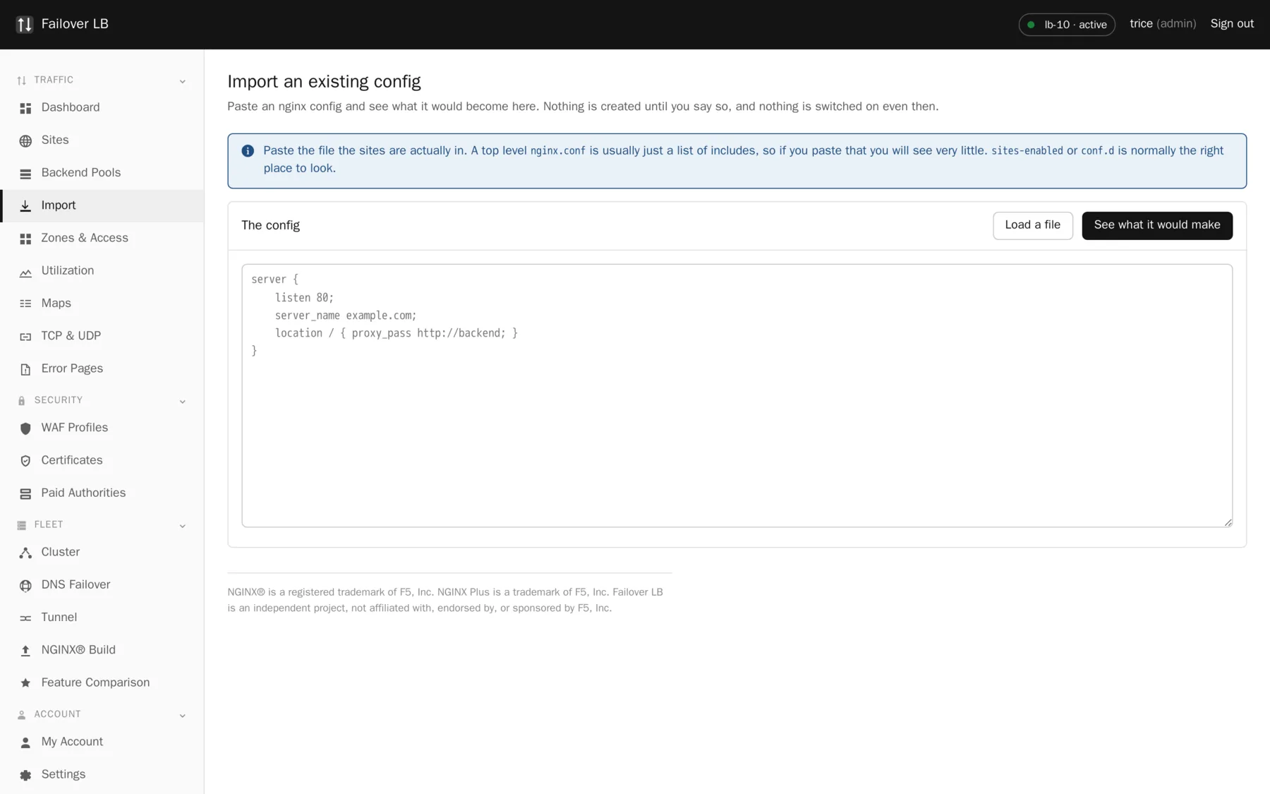 The Import page. Paste a config and press the preview button. Nothing is written.