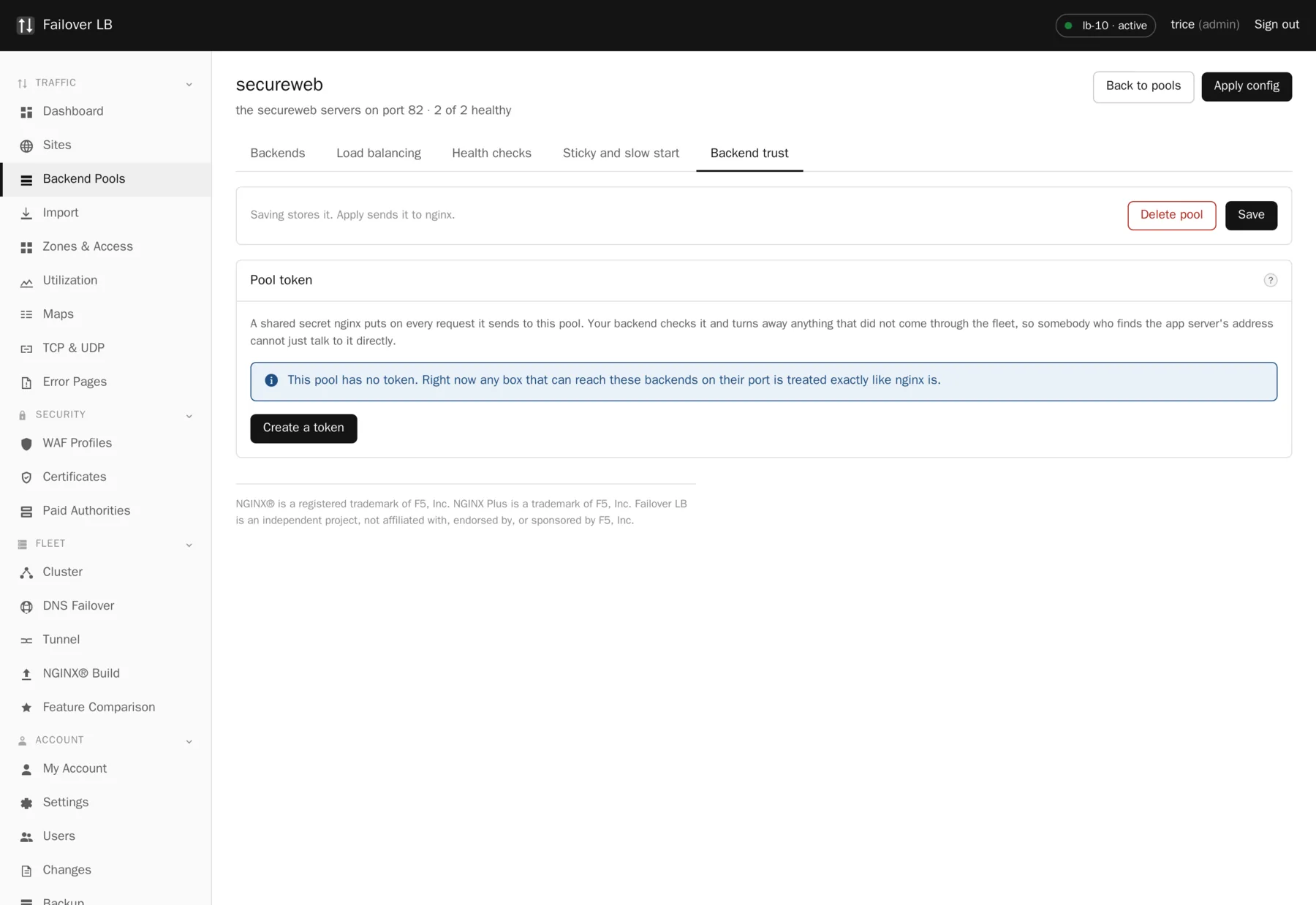 Backend trust on a pool, with a ready made snippet for nginx, Apache, Express, Django or Spring.