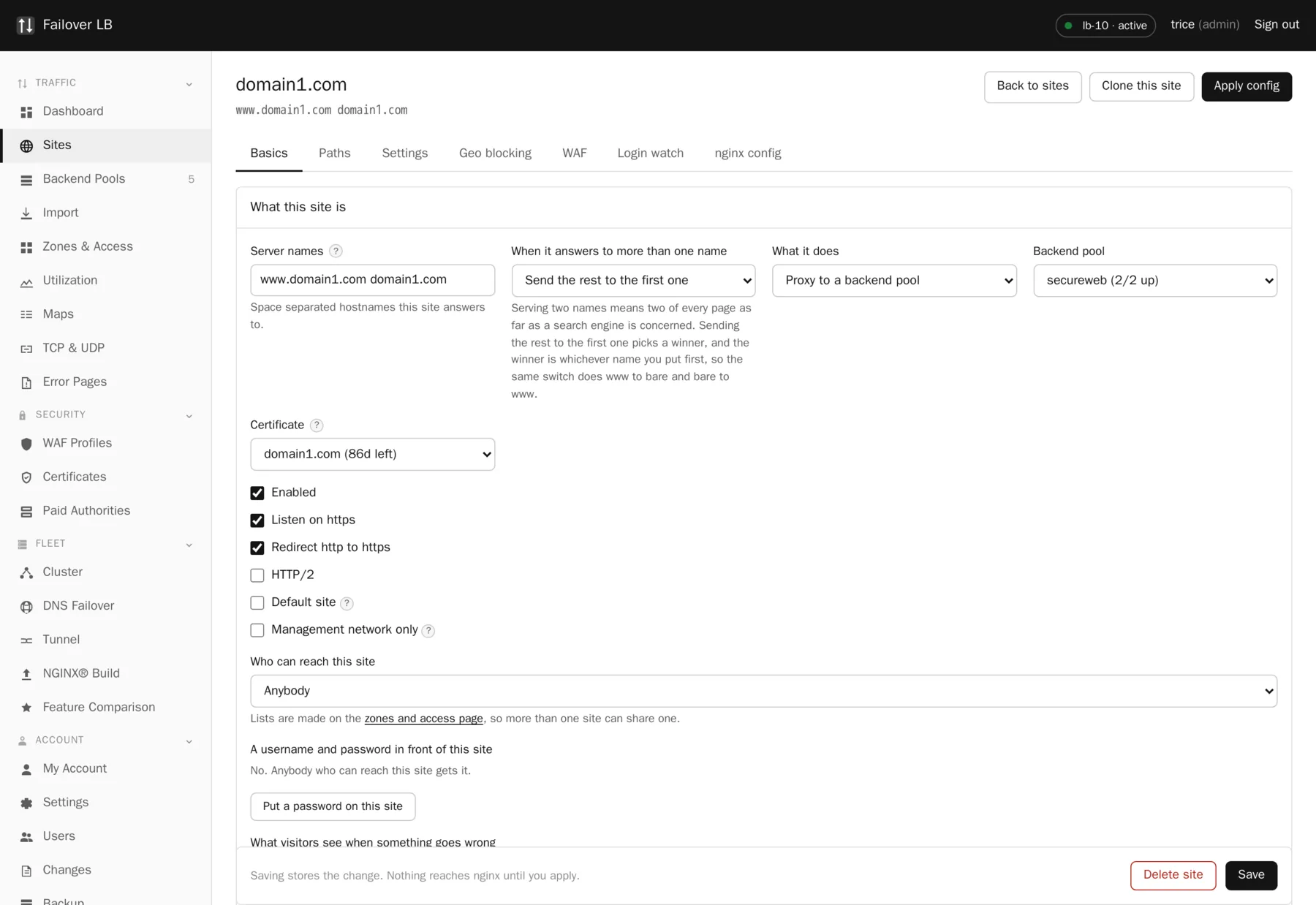 A site, basics. Server names, the mode, the pool, the certificate and the listeners.