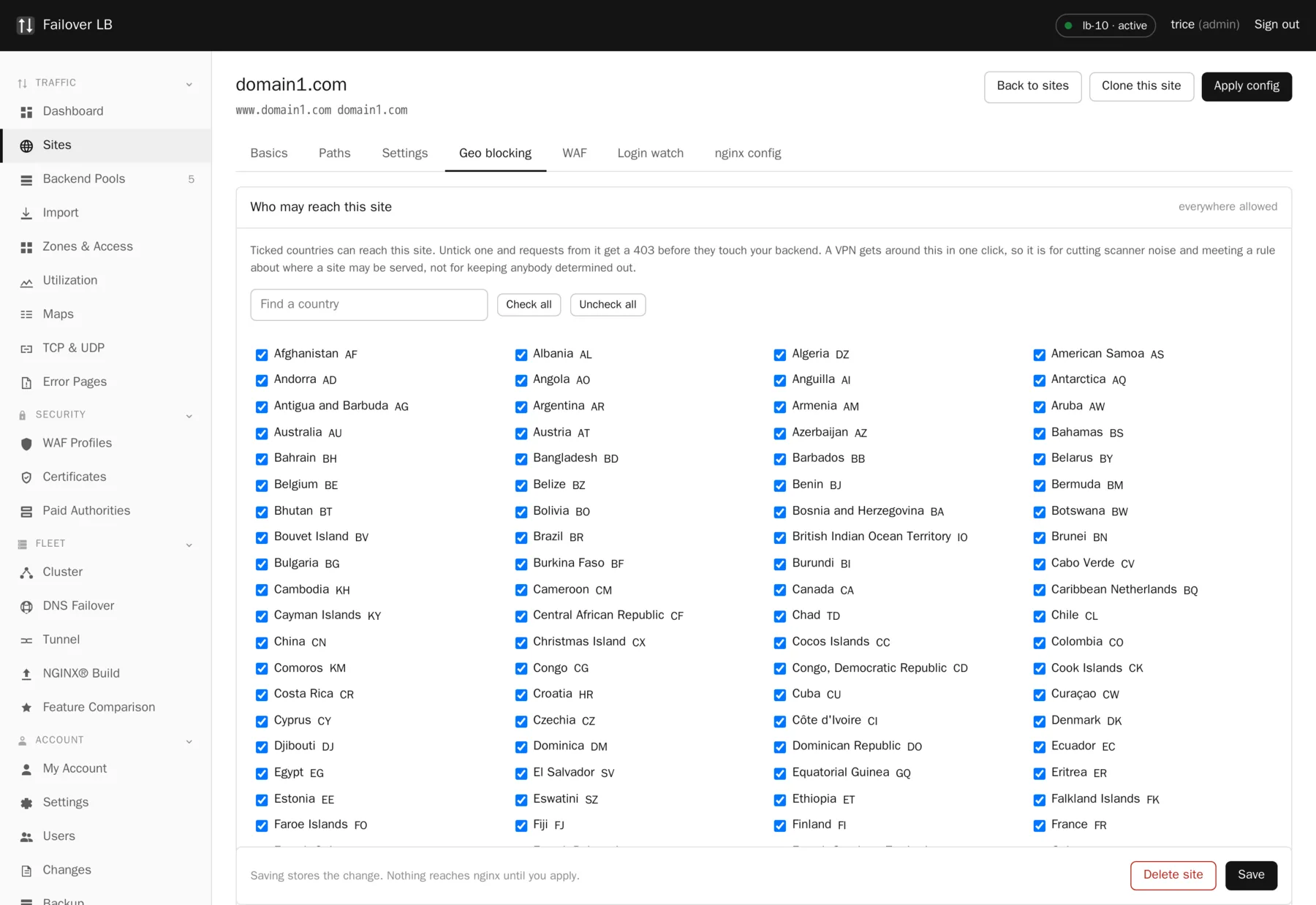 A site, country blocking. Tick the countries that may reach a site. The rest get a 403 before your backend sees them.