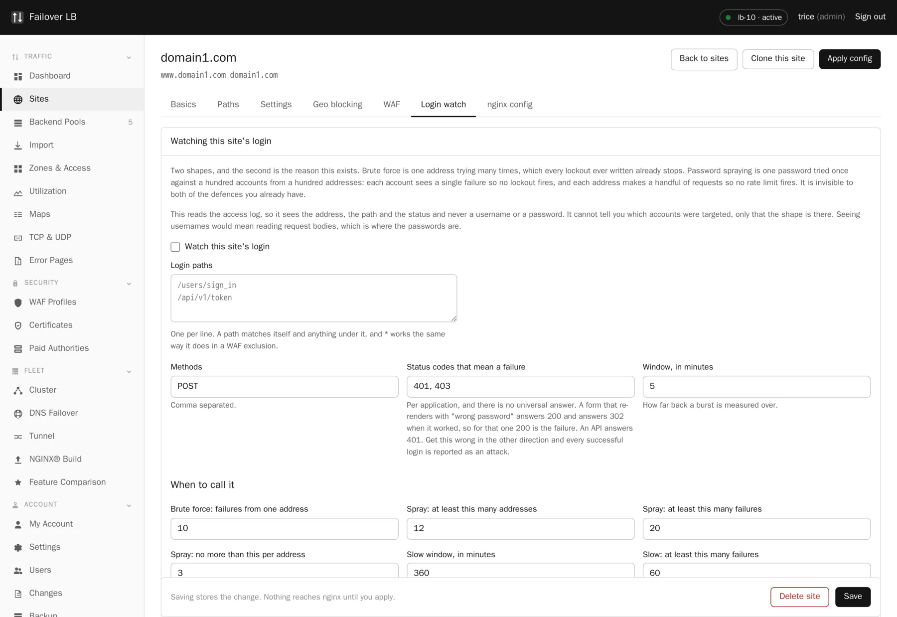 Login watch settings on a site. Paths, methods, what counts as a failure, and the thresholds.